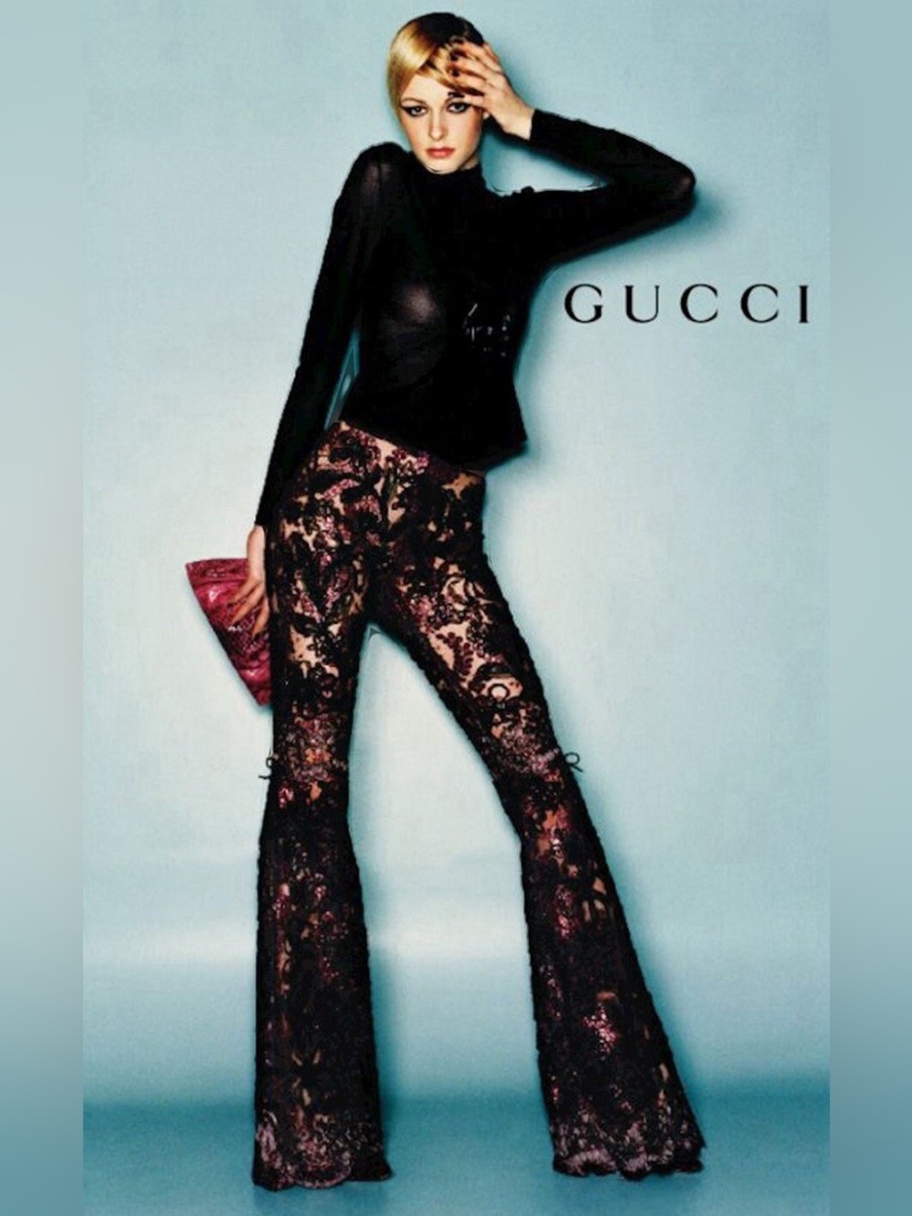 GUCCI Iconic Re-Edition Tom Ford Runway Lamé Lace Navy Purple Pants 40 $3980